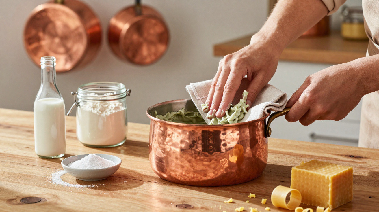 Mãos limpando panela de cobre após cozinhar com pano, ingredientes como leite, farinha e queijo ao lado.