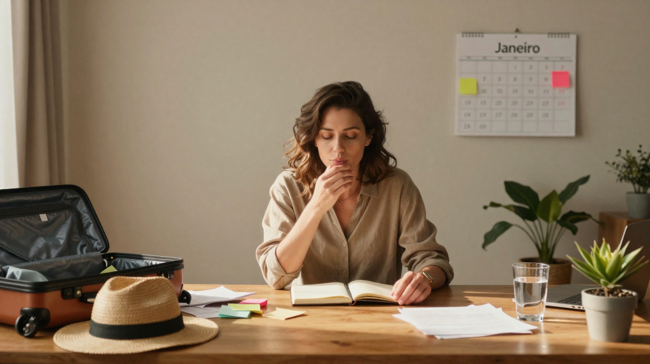 Mulher sentada à mesa com malas e calendário, lendo livro e pensativa em ambiente interno.