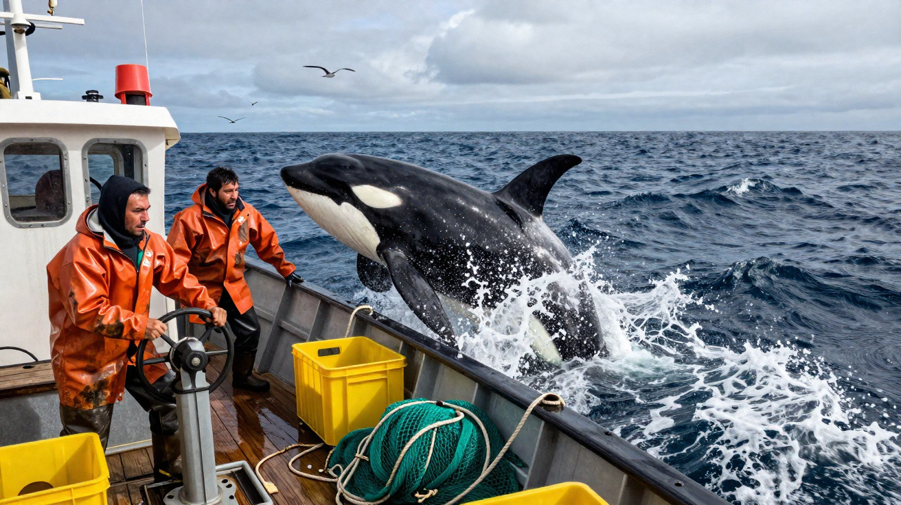 Orca saltando perto de barco com dois pescadores vestidos com roupas laranja em mar agitado.