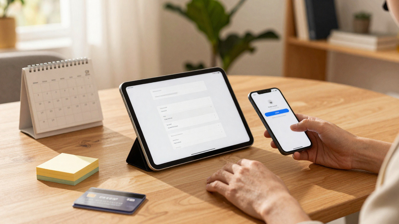 Pessoa segurando celular com aplicativo aberto, com tablet, cartão e calendário sobre mesa de madeira clara.