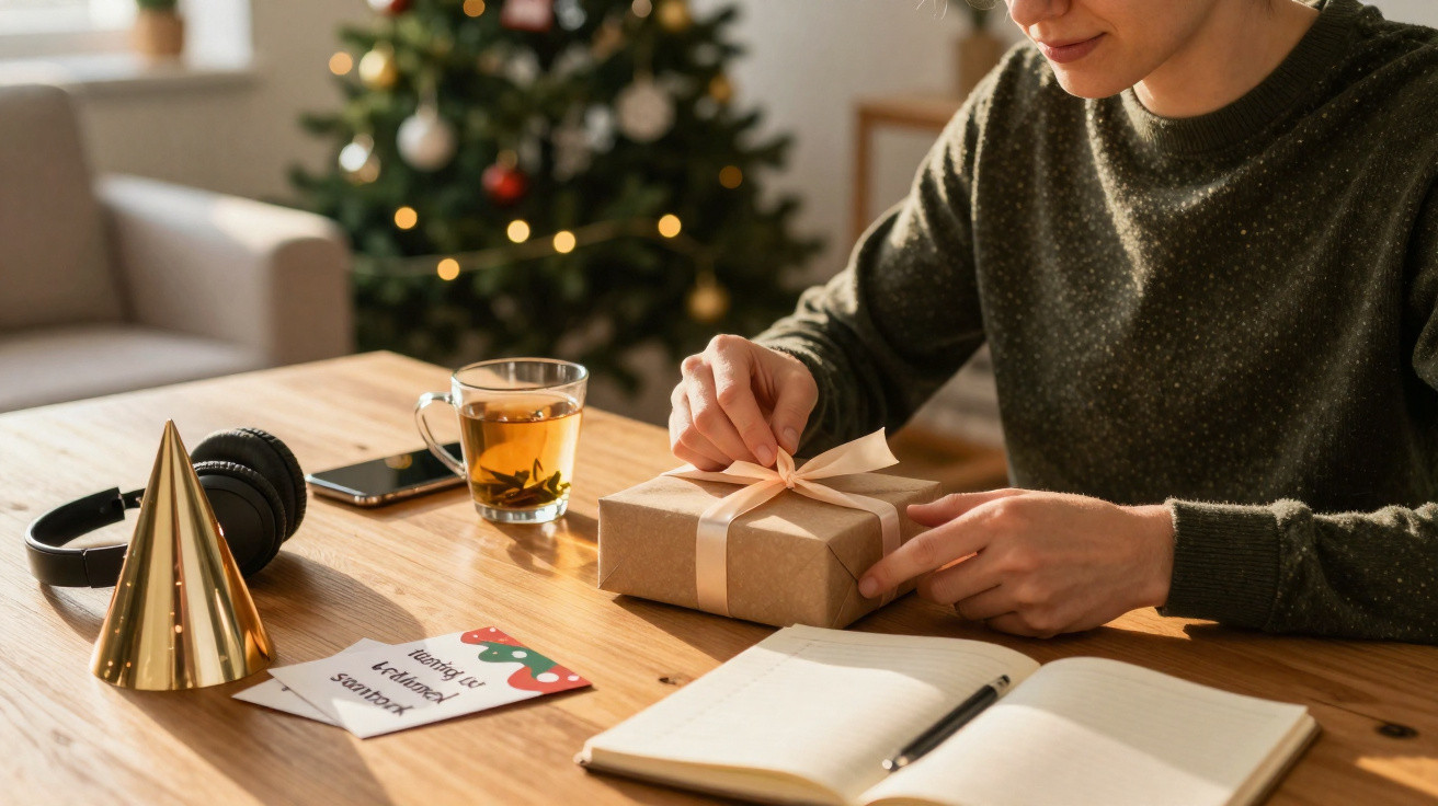 Pessoa desembrulhando presente ao lado de árvore de Natal, cartão, chá, bloco de notas e fone de ouvido.
