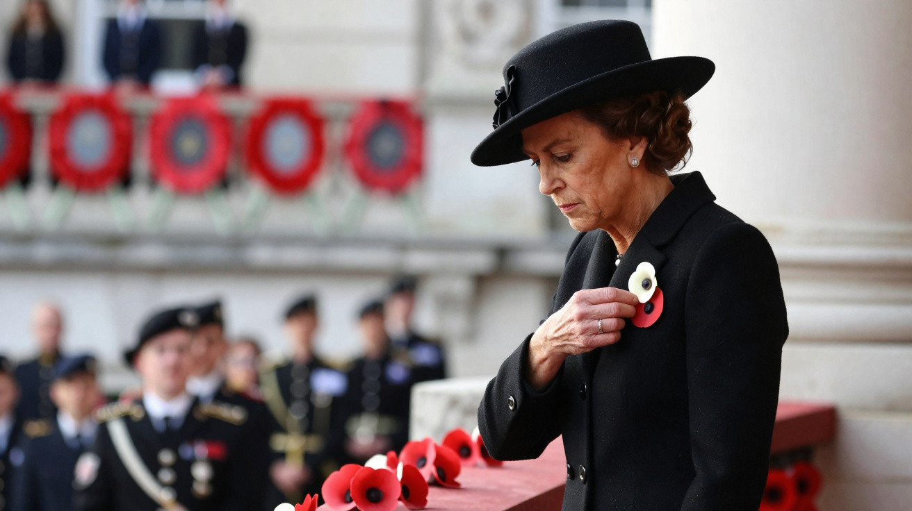 Mulher de vestido preto e chapéu segura uma flor vermelha e branca em cerimônia solene com militares ao fundo.