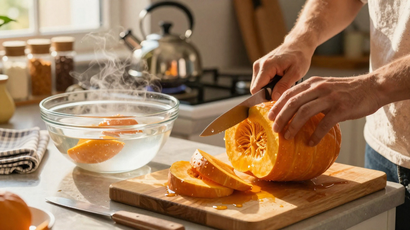 Pessoa cortando abóbora fresca em tábua de madeira na cozinha com tigela de água quente ao lado.