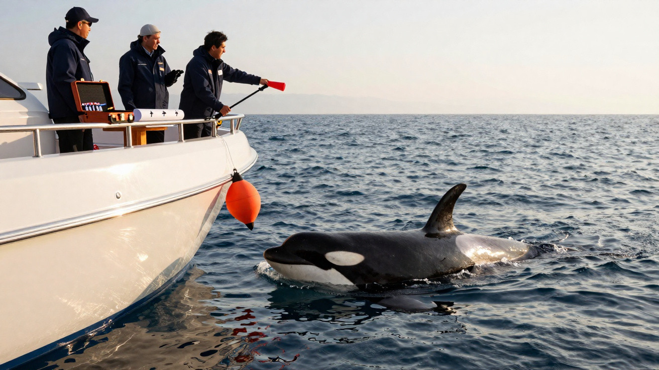 Três pessoas em um barco interagindo com uma orca próxima à superfície do mar em dia ensolarado.