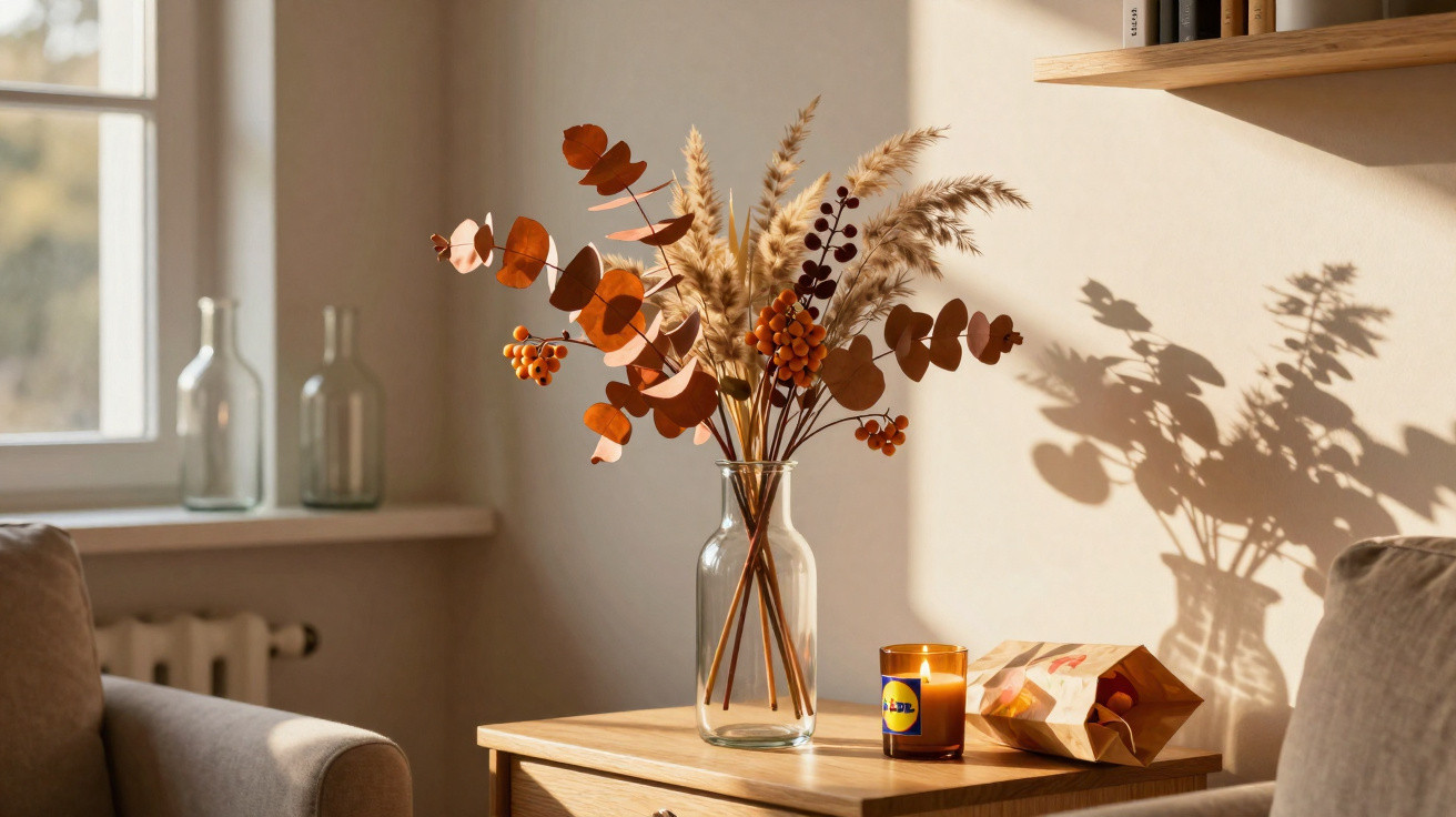 Vaso com flores secas e vela acesa sobre mesa de madeira iluminada por luz natural em sala aconchegante.