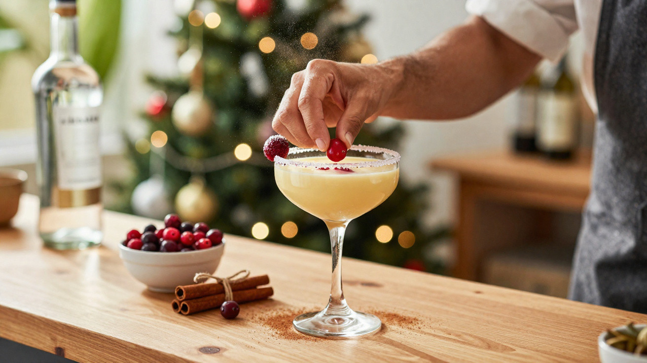 Pessoa decorando coquetel com cereja em copo com borda de sal, mesa com canela e festa de Natal ao fundo.