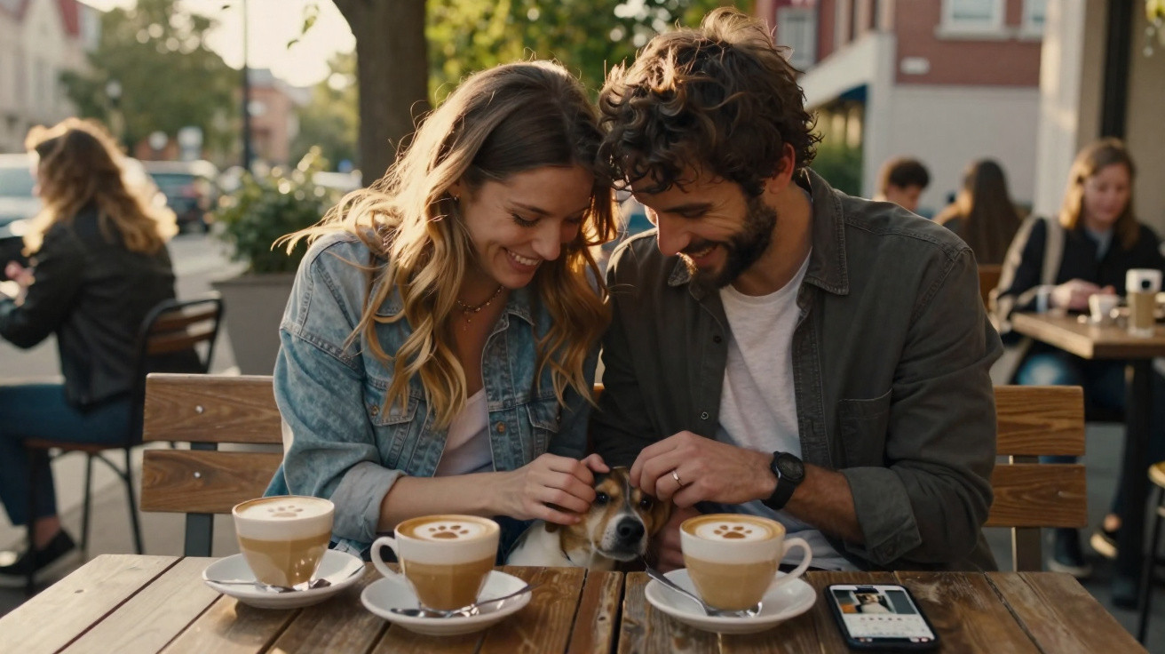 Casal sorridente em café ao ar livre acariciando cachorro entre xícaras de cappuccino com arte de pata.