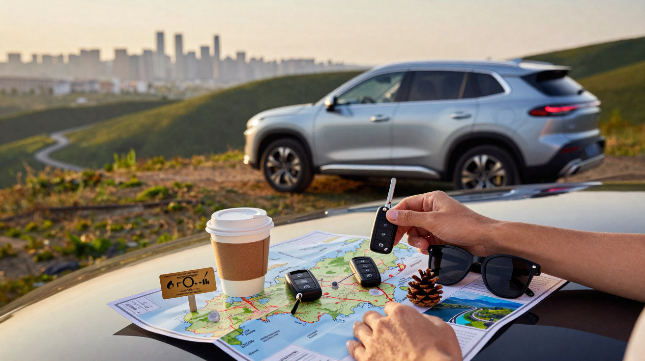 Pessoa segura chave de carro sobre mapa com copo de café, óculos e carro estacionado em colina ao pôr do sol.