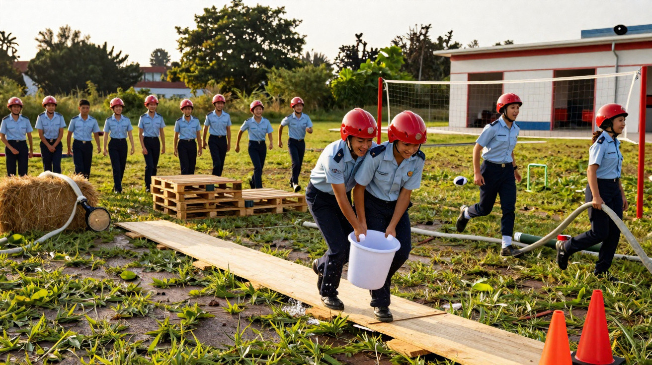 Crianças uniformizadas com capacetes vermelhos participam de atividade ao ar livre com obstáculos e balde de água.