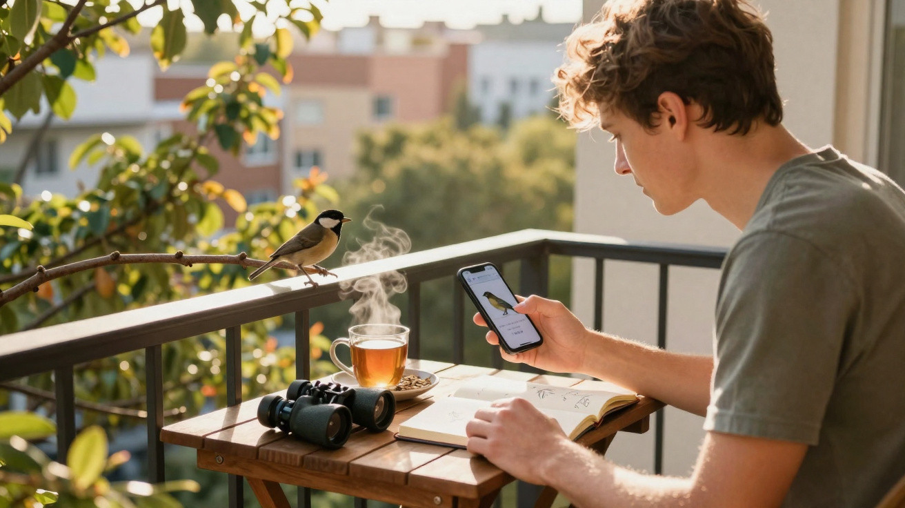 Jovem observa pássaro na varanda com livro aberto, binóculos, chá quente e celular na mão.