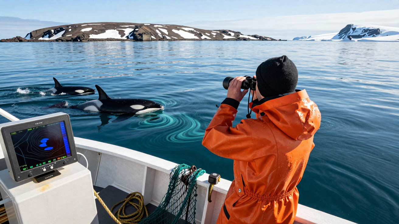 Pessoa com roupa laranja observa orcas próximas a barco em águas calmas na região polar com ilhas ao fundo.