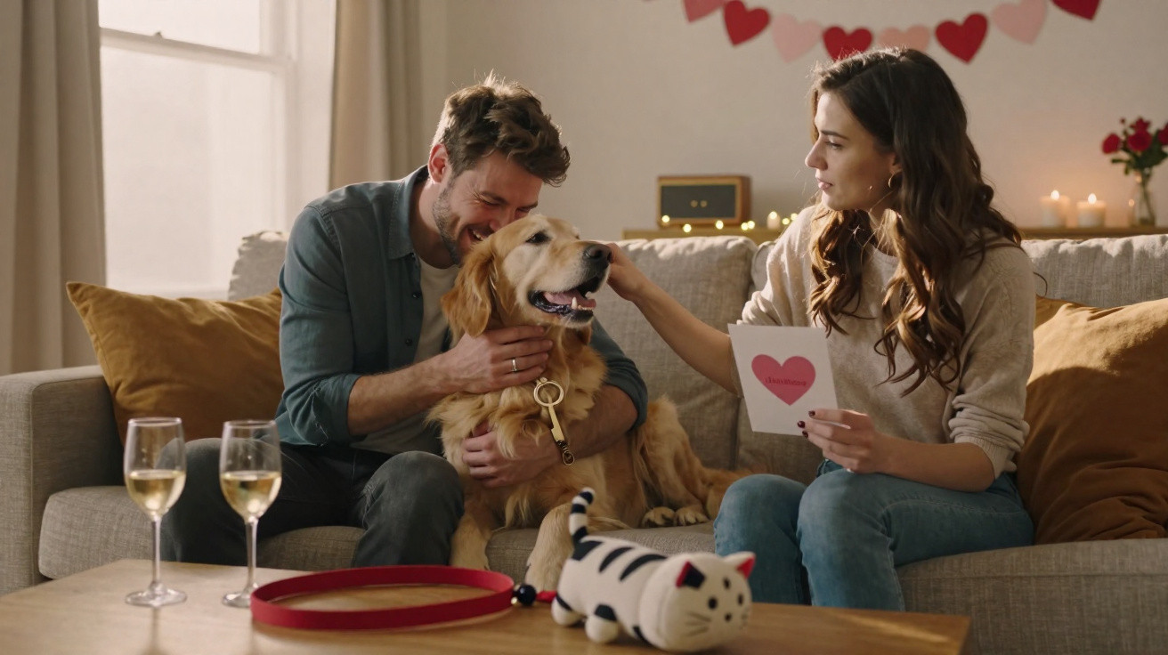 Casal sentado no sofá com cachorro dourado, mulher segurando cartão e decoração de coração atrás.