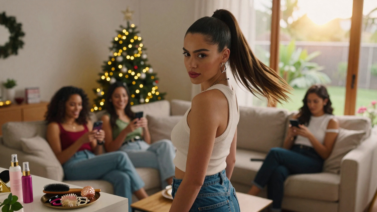 Jovem com rabo de cavalo posa em sala com árvore de Natal, ao fundo três mulheres sentadas no sofá usando celular.