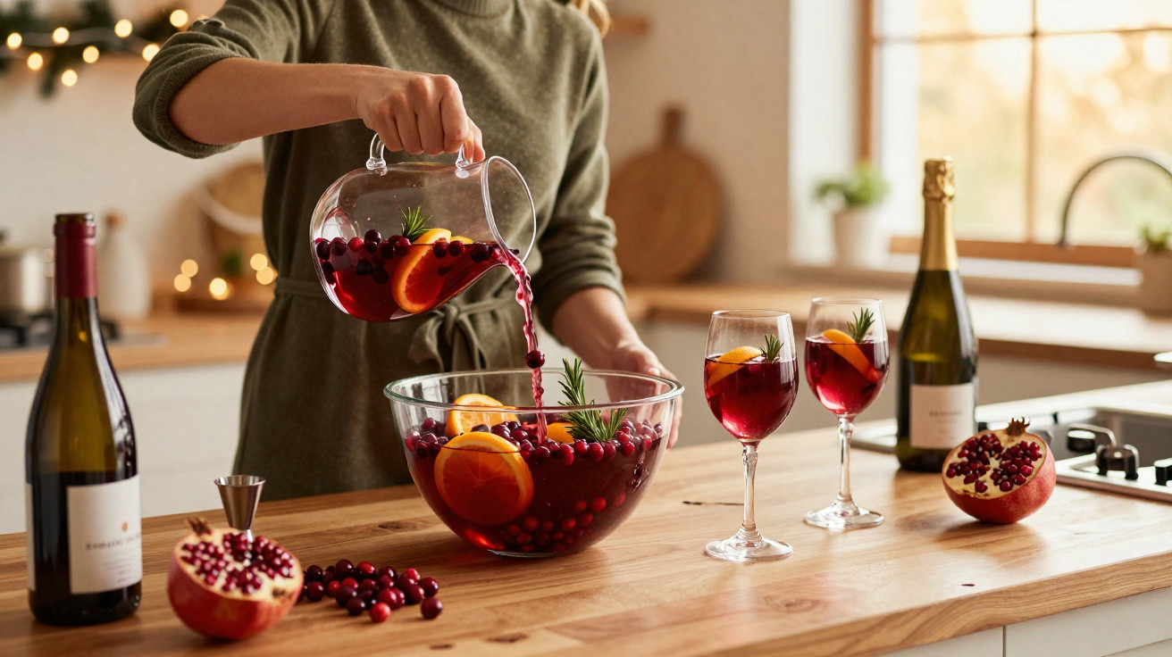 Pessoa servindo ponche com frutas vermelhas e laranja em taça em cozinha iluminada e decorada para festa.