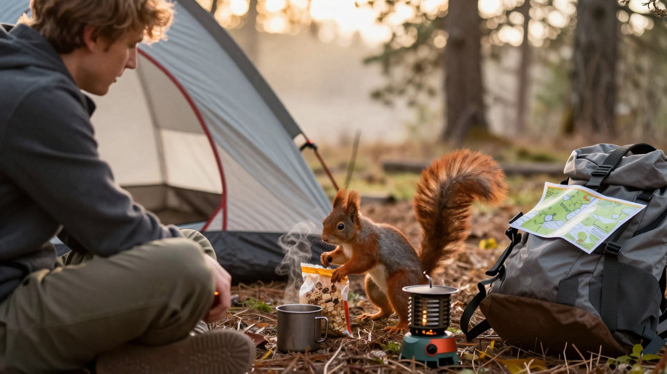 Jovem acampando observa esquilo pegando alimentos perto de mochila, fogareiro e barraca na floresta.