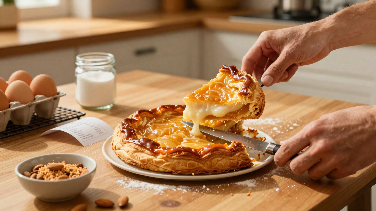 Mão cortando e levantando fatia de torta folhada recheada com doce de leite numa bancada de cozinha.