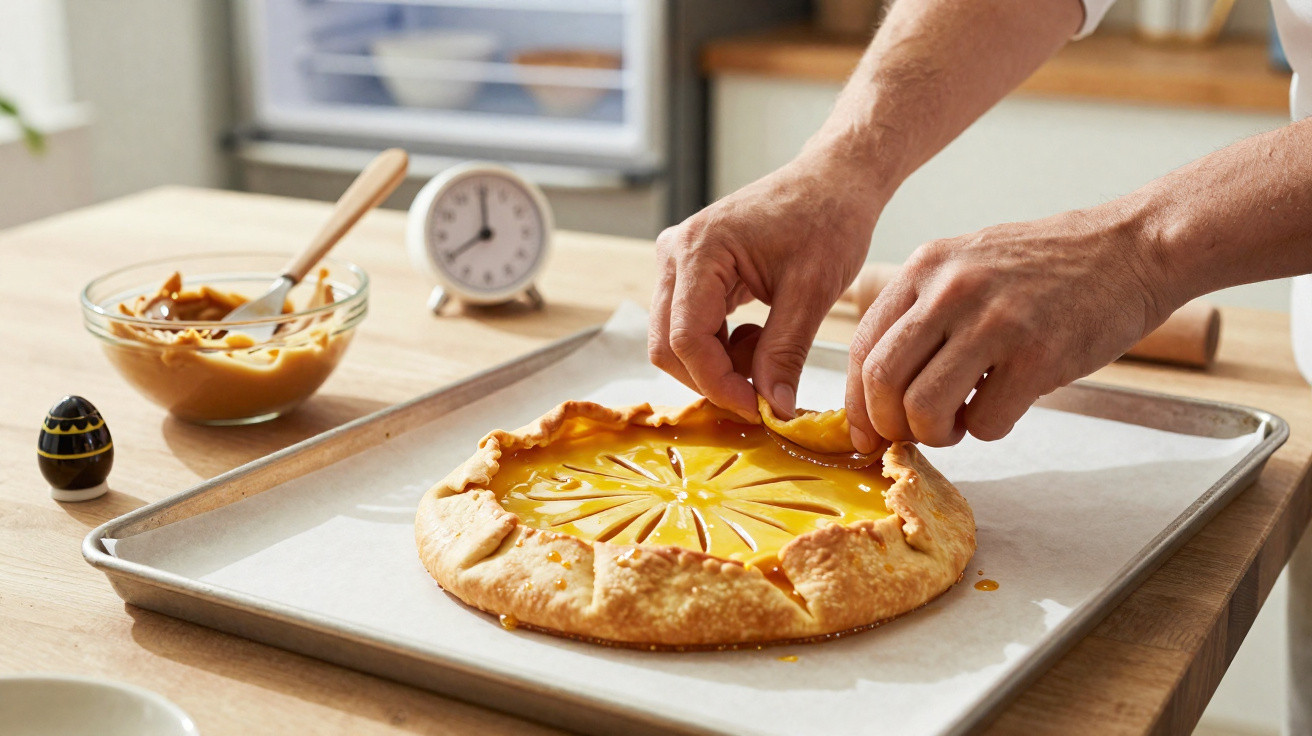 Mãos decorando torta dourada com recheio amarelo sobre assadeira em cozinha clara e organizada.