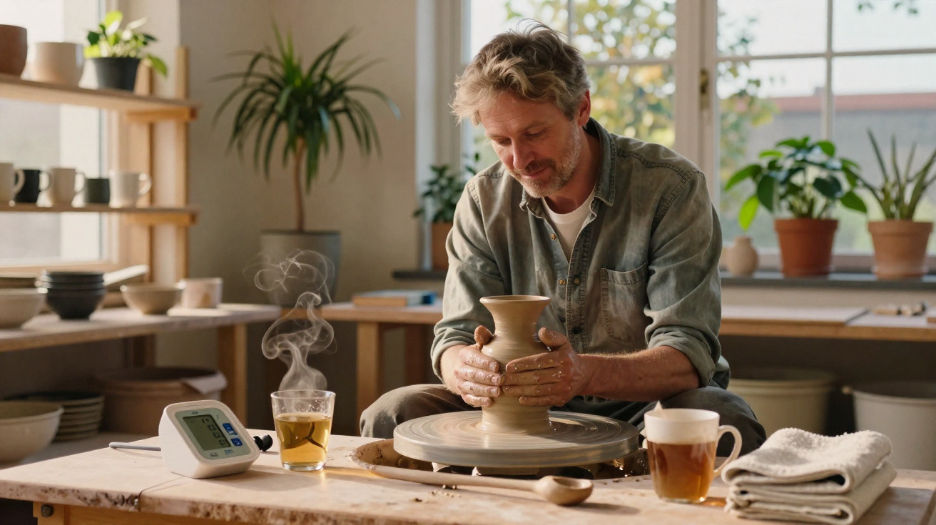 Homem em ateliê modelando vaso de cerâmica em roda de oleiro com chá ao lado.