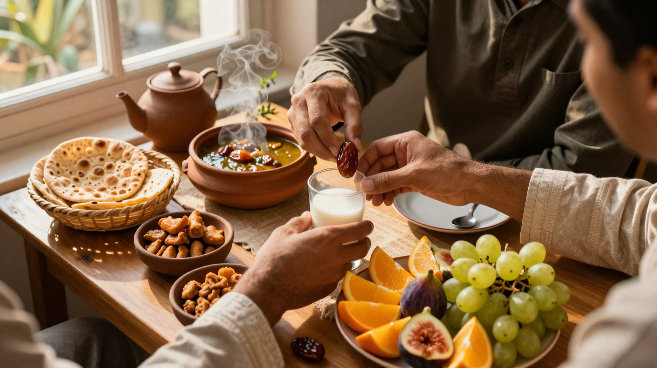 Duas pessoas compartilhando tâmaras e leite, com frutas, pães e sopa em uma mesa perto da janela.