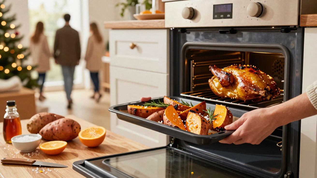 Mão colocando assadeira com batatas doces no forno, com frango assado ao fundo na cozinha decorada para Natal.
