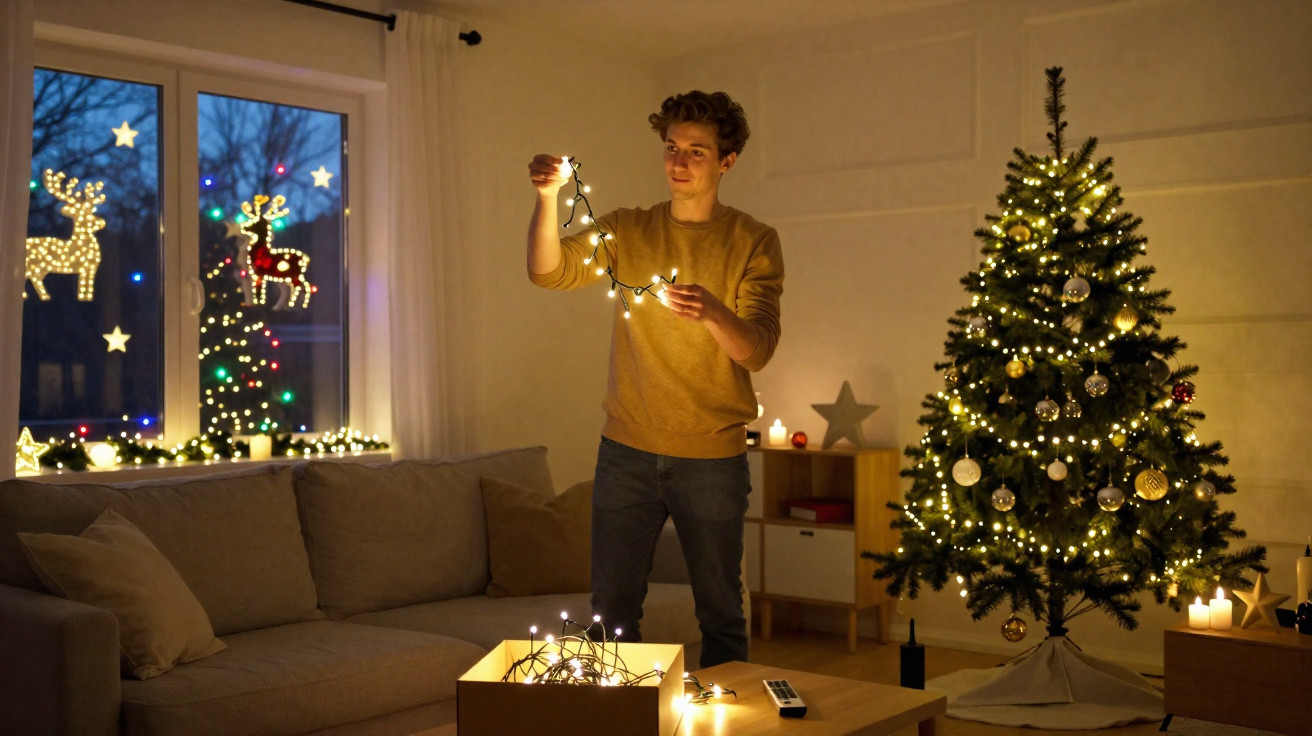 Homem decorando árvore de Natal com luzes em sala iluminada por luzes natalinas e velas.