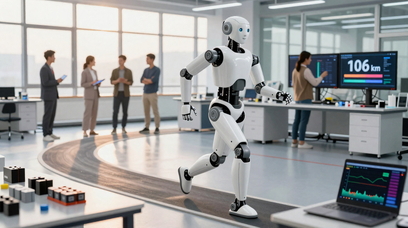Robô branco correndo em pista dentro de laboratório com pessoas e equipamentos tecnológicos ao fundo.