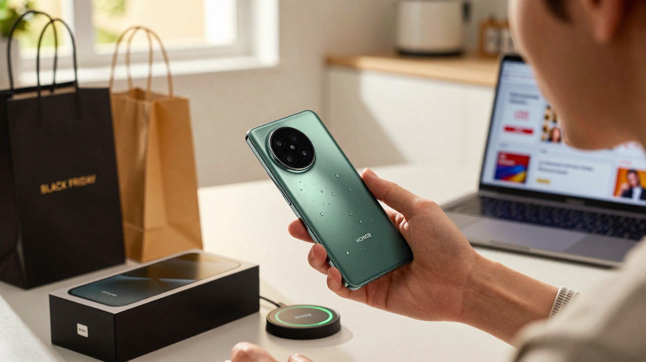 Pessoa segurando smartphone verde com gotas d'água, ao lado de caixa, carregador sem fio e laptop aberto.