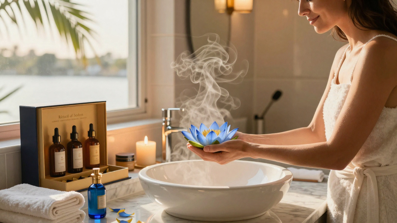Mulher segurando flor azul com vapor sobre pia em banheiro iluminado, ambiente relaxante com velas acesas.