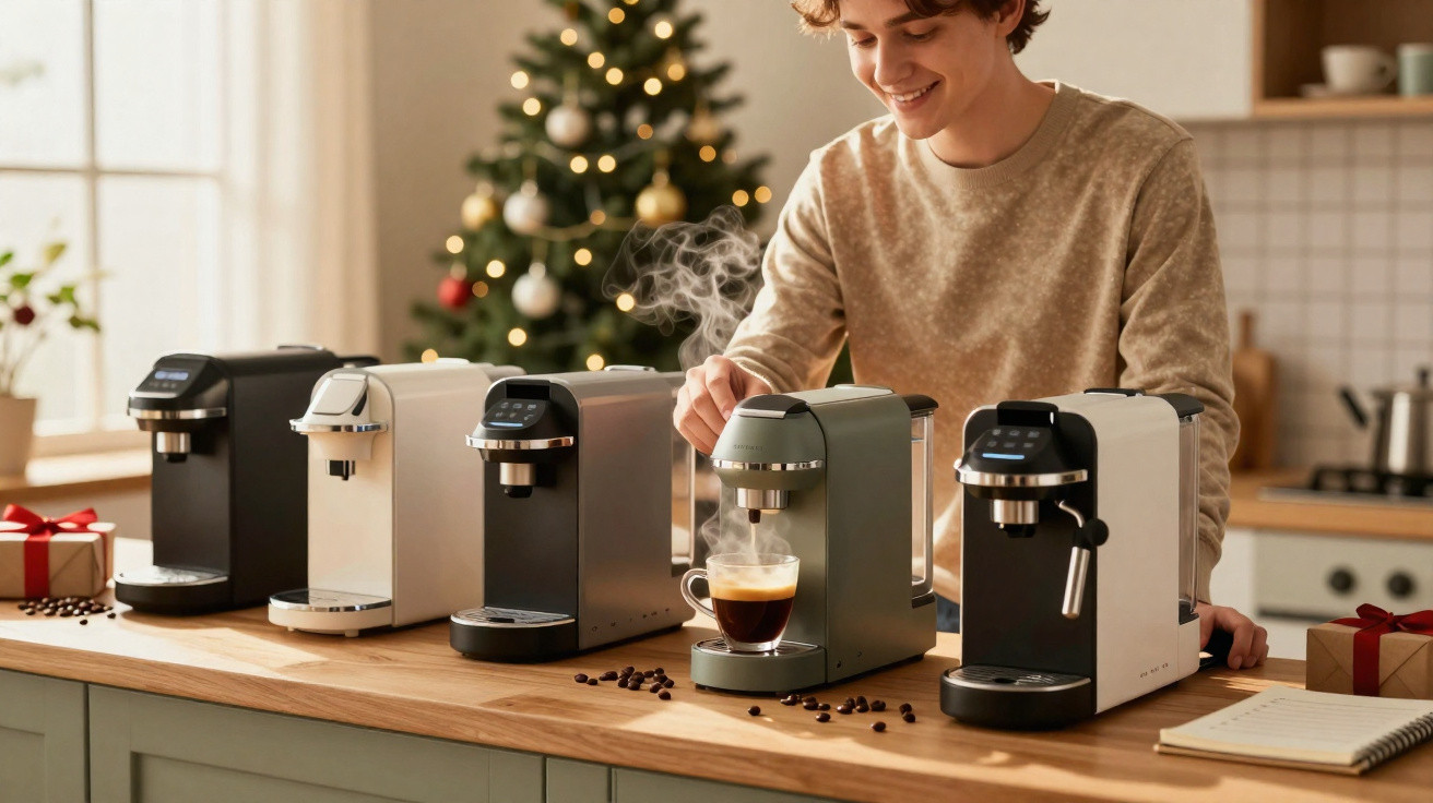 Jovem preparando café em máquina automática com outras cinco máquinas alinhadas na mesa, árvore de Natal ao fundo.