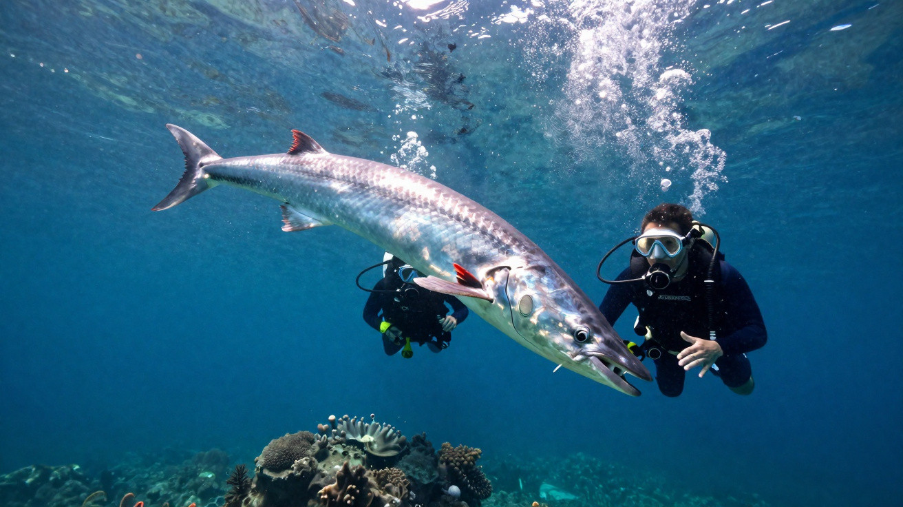 Mergulhadores próximos a um peixe grande nadando sobre recifes de corais no oceano.