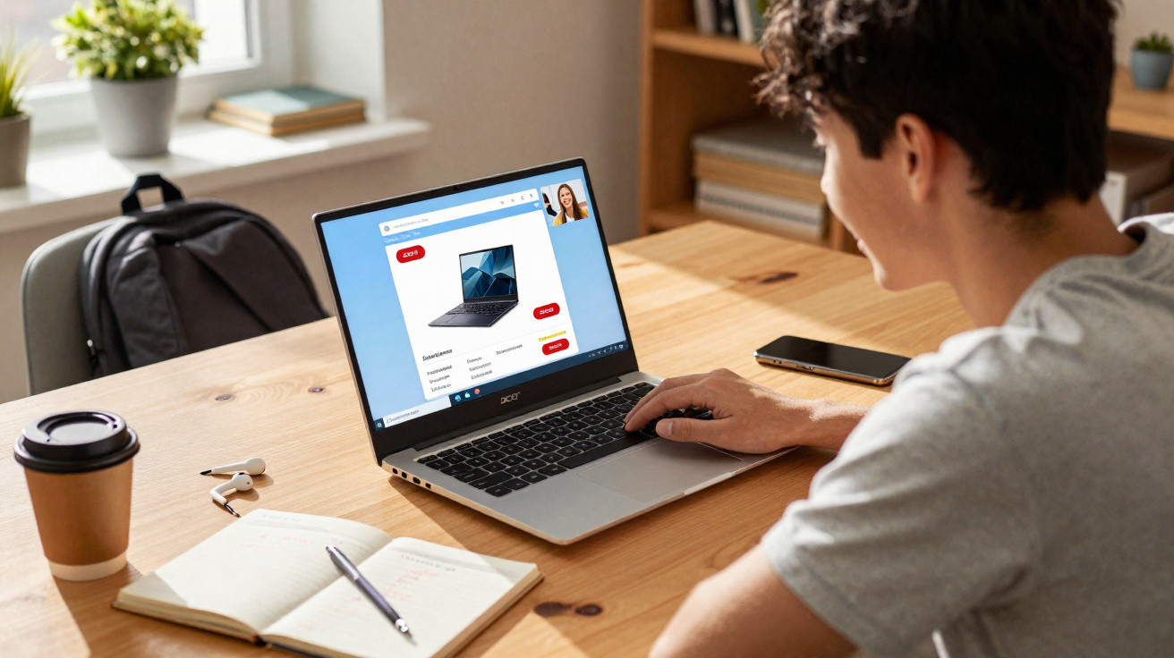 Jovem sentado à mesa usando laptop para videoconferência e anotando em caderno com fones e café ao lado.