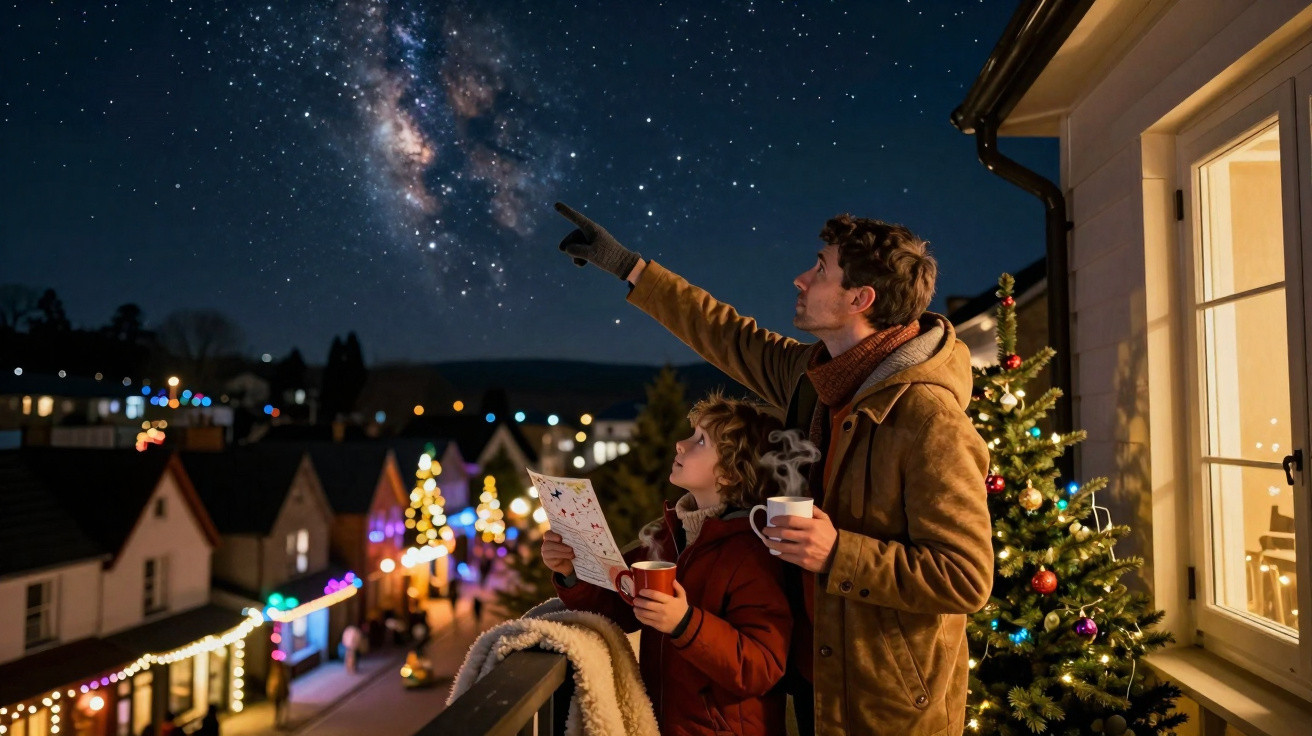 Pai e filho observam estrelas na noite natalina em varanda decorada com árvore de Natal iluminada.