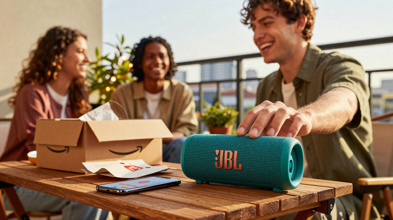 Grupo de amigos reunidos em varanda com caixa da Amazon, smartphone e caixa de som JBL azul sobre mesa de madeira.