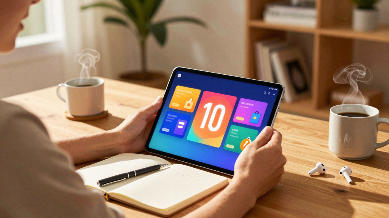 Pessoa segurando tablet com aplicativo aberto, café quente, fones sem fio e caderno sobre mesa de madeira.
