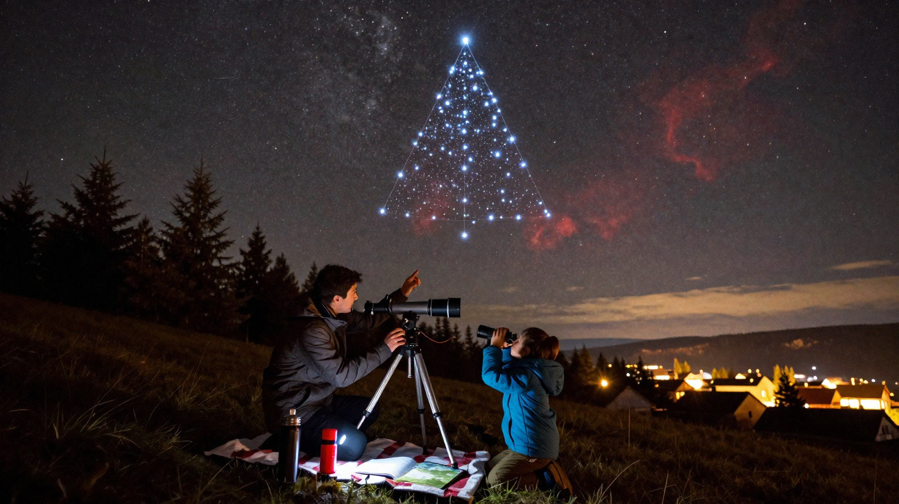 Pai e filho observando estrelas com telescópio em campo à noite, constelação brilhante em forma de triângulo no céu.