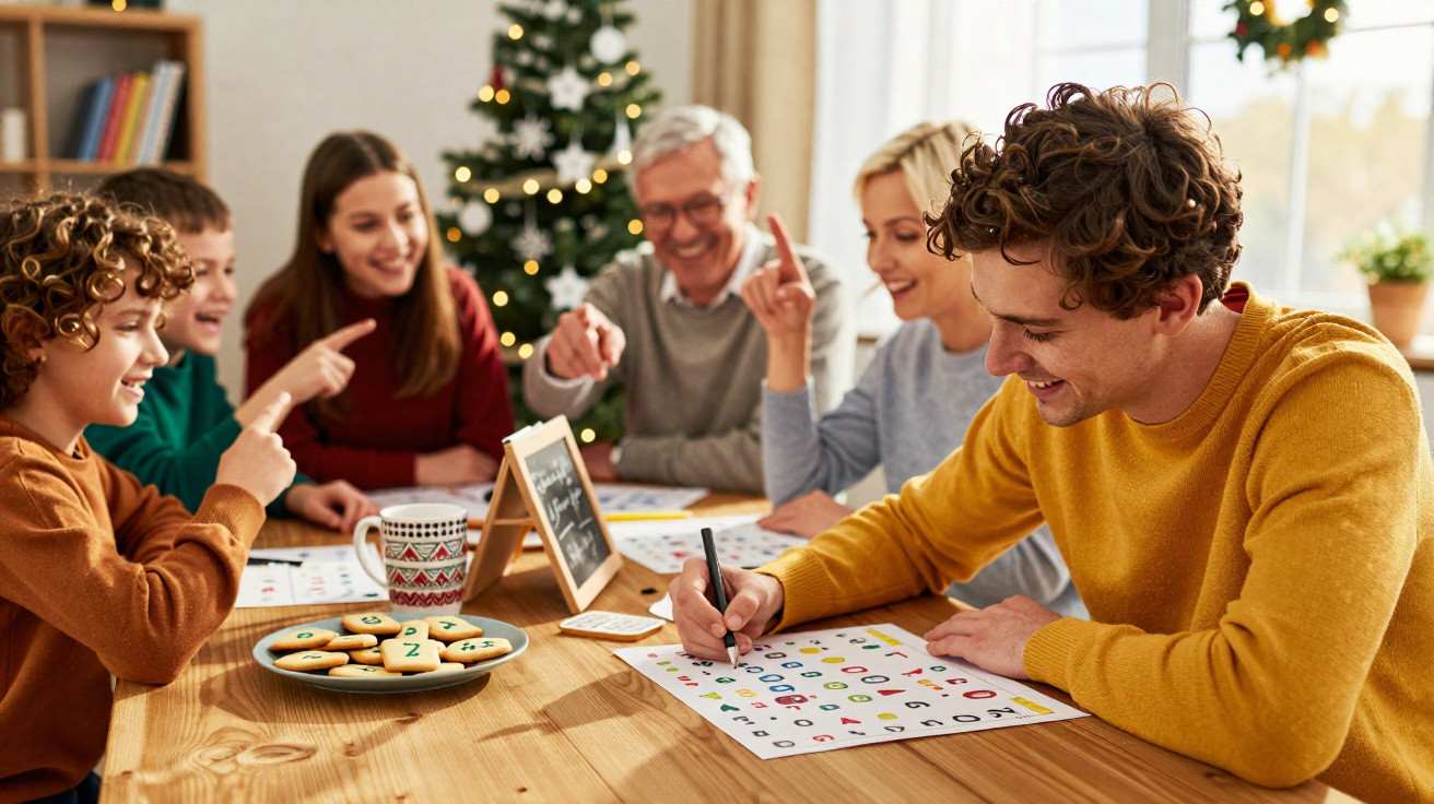 Família reunida jogando bingo na mesa de madeira com árvore de Natal decorada ao fundo.