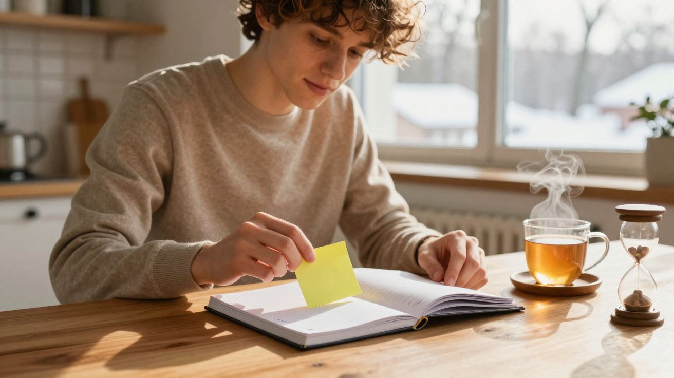 Jovem sentado à mesa colocando um post-it em agenda aberta, com xícara de chá quente e ampulheta ao lado.