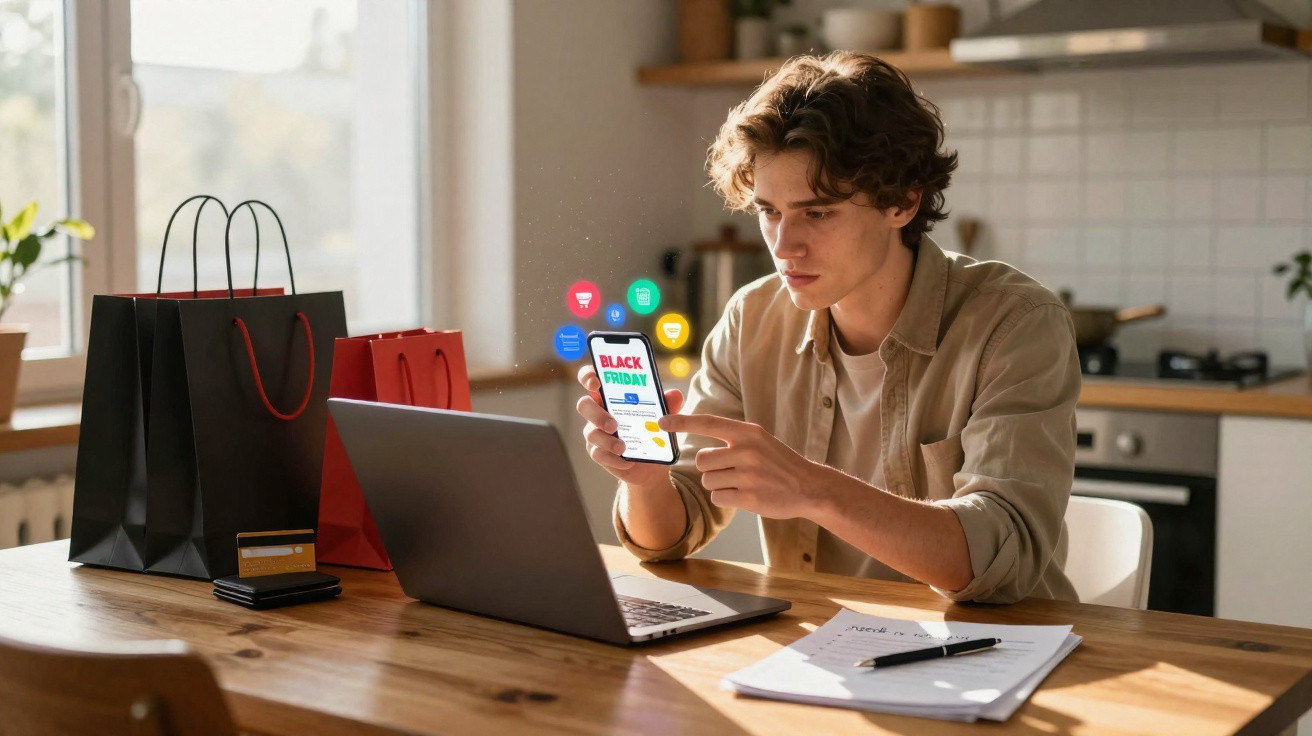 Jovem sentado em cozinha, segurando celular com oferta de Black Friday, ao lado de laptop e sacolas de compras.