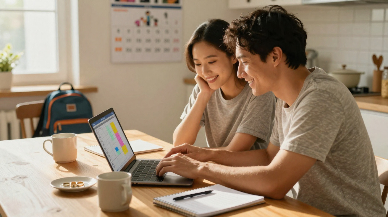 Casal sorridente usando laptop juntos em mesa de madeira com cadernos e canecas em ambiente claro e aconchegante.