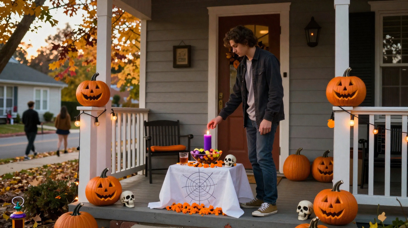 Jovem acende vela em altar de Halloween com abóboras e caveiras em varanda decorada.