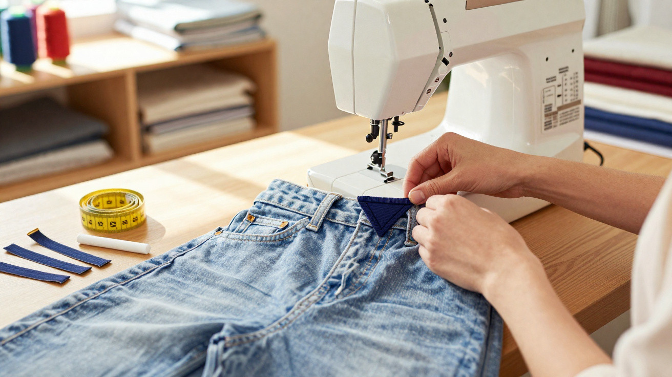 Pessoa costurando detalhe em jeans azul claro usando máquina de costura branca em mesa de madeira.