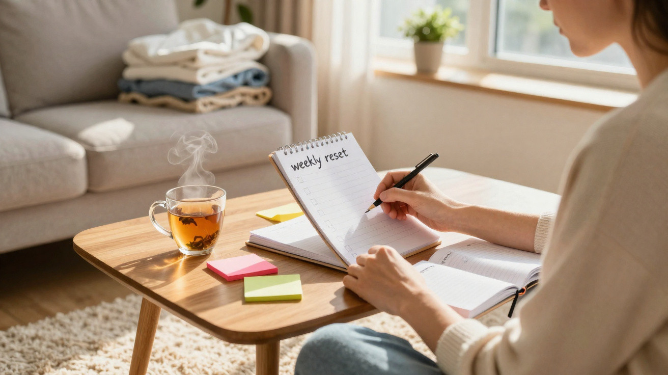 Pessoa escrevendo em bloco de notas com escrito "weekly reset" sentada à mesa com xícara de chá fumegante em sala.