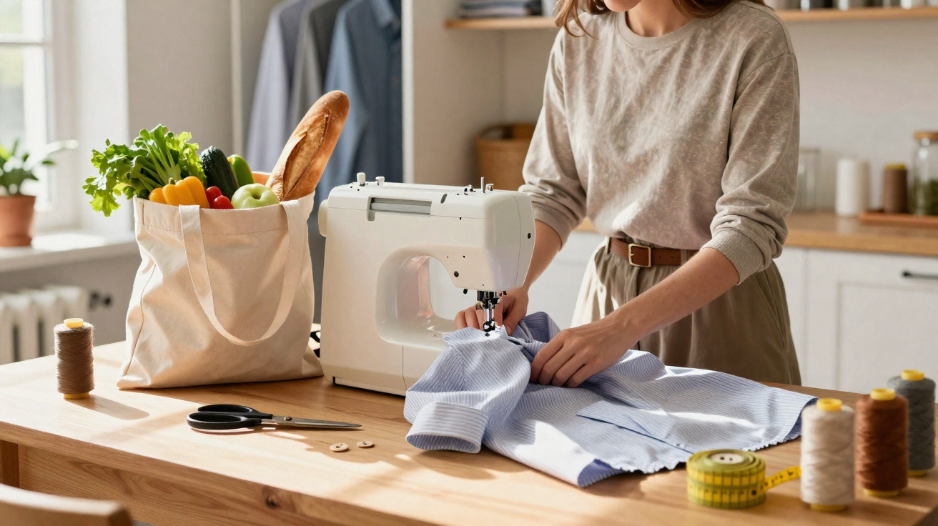 Pessoa costurando camisa azul em máquina de costura, com sacola de compras e materiais de costura na mesa.