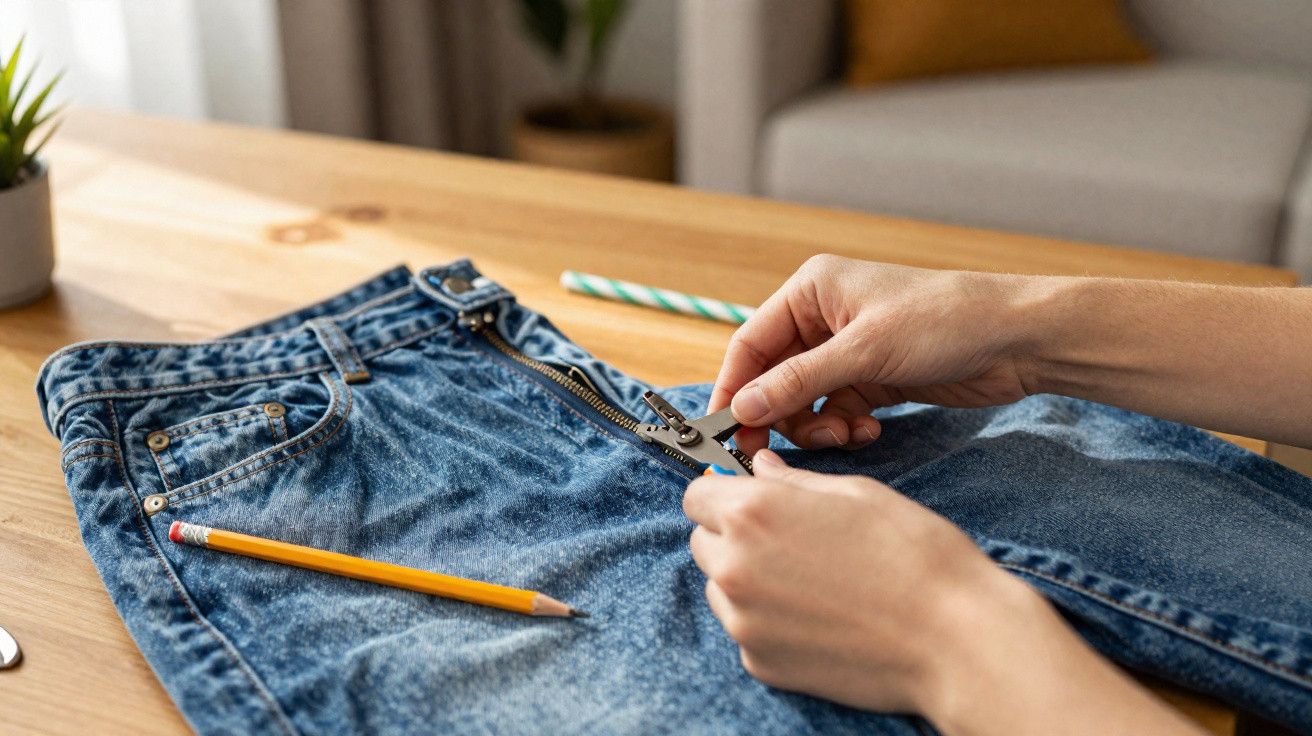 Mãos ajustando zíper de calça jeans azul sobre mesa de madeira, com lápis ao lado.