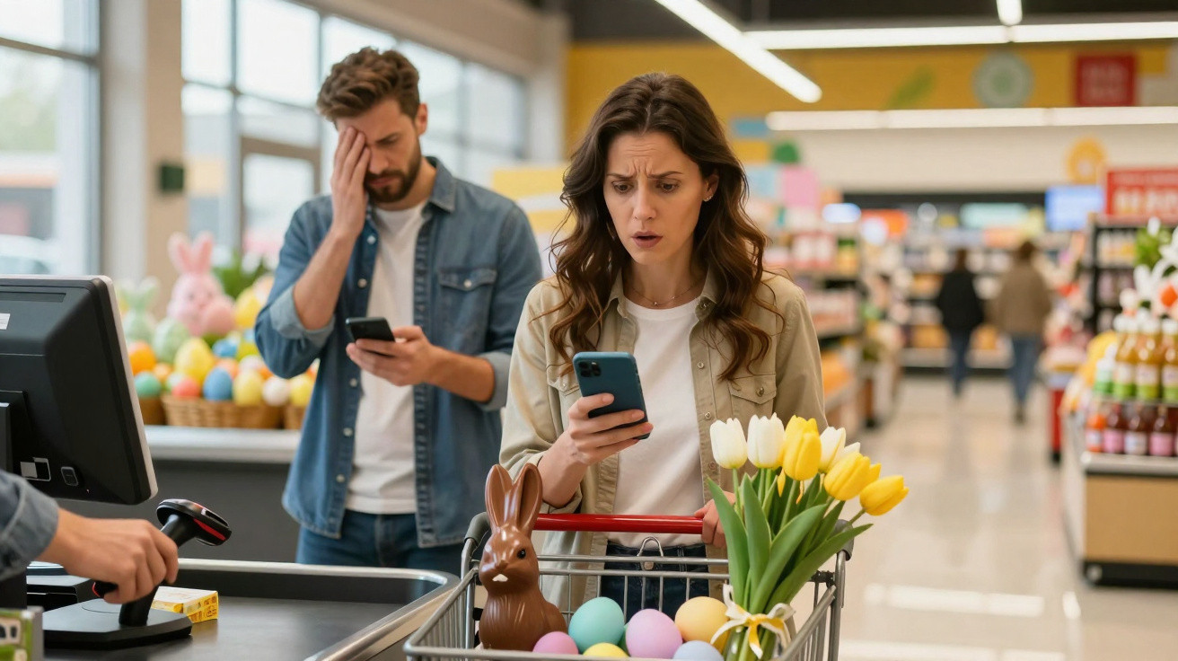 Mulher preocupada olhando o celular ao pagar compras com ovos coloridos e coelho de chocolate no carrinho.