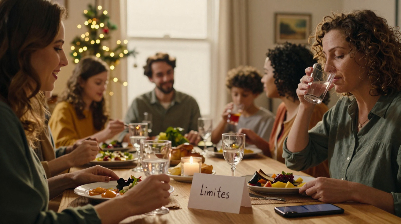 Grupo de pessoas reunidas em jantar ao redor de mesa com decoração e placa escrita "Limites".