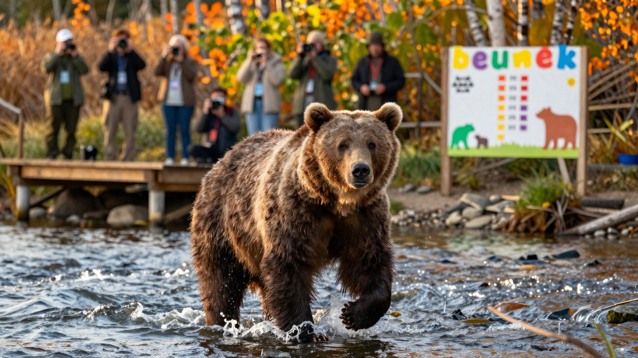 Urso marrom caminhando em riacho com grupo de pessoas fotografando ao fundo em área arborizada.