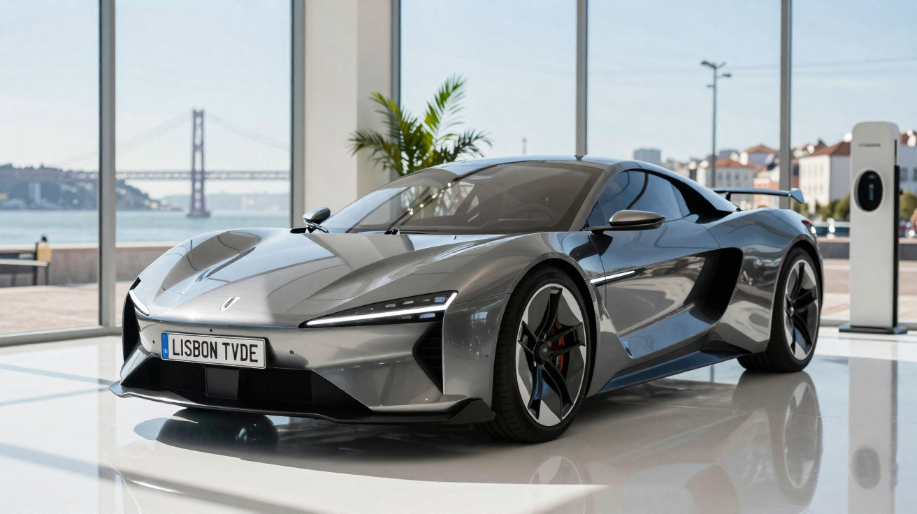 Carro esportivo elétrico cinza estacionado em showroom com vista para ponte e carregador elétrico.