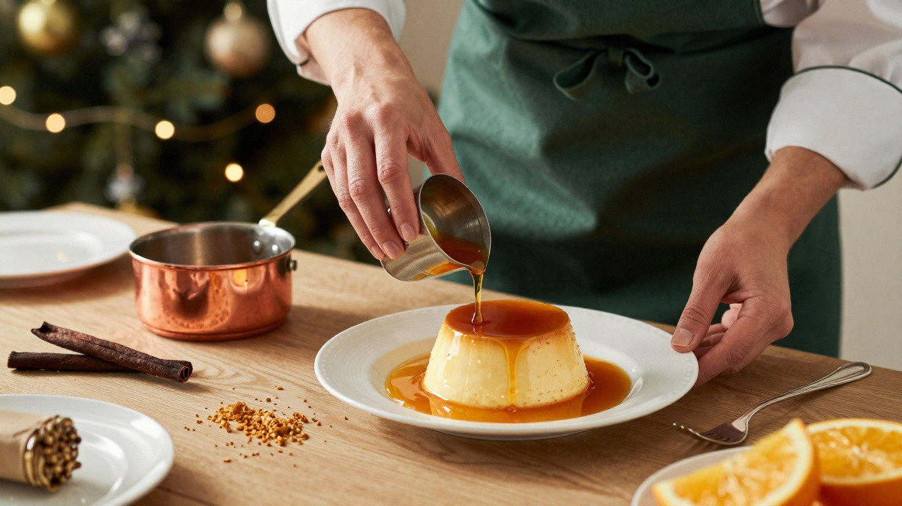 Pessoa derramando calda caramelizada em pudim sobre prato branco, em mesa com ingredientes e decoração natalina ao fundo.