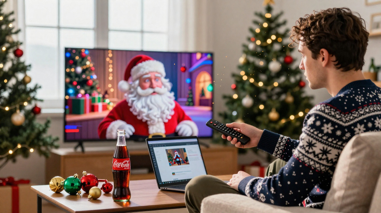 Homem sentado no sofá com controle, assistindo Papai Noel na TV, perto de computador e enfeites natalinos.